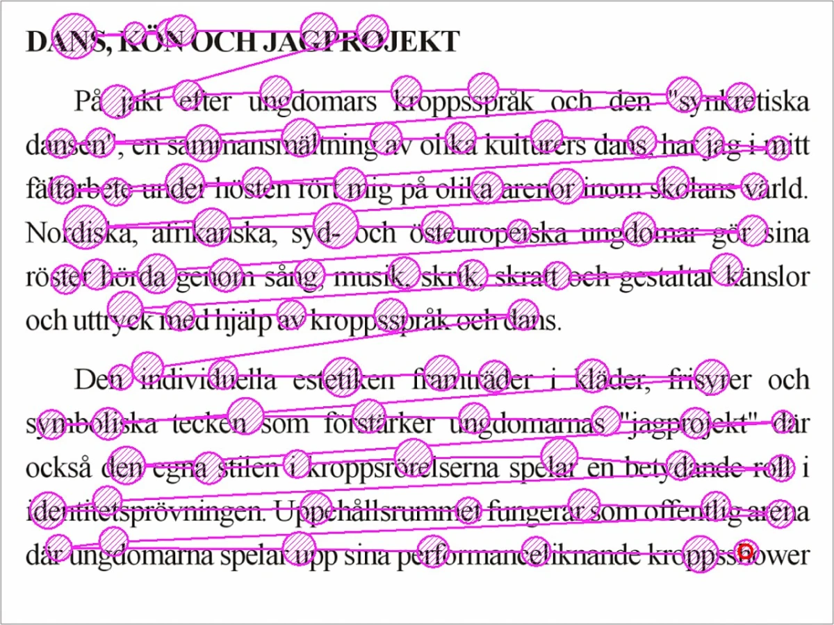 A page of text with circles and lines showing where a reader's eyes stopped and jumped